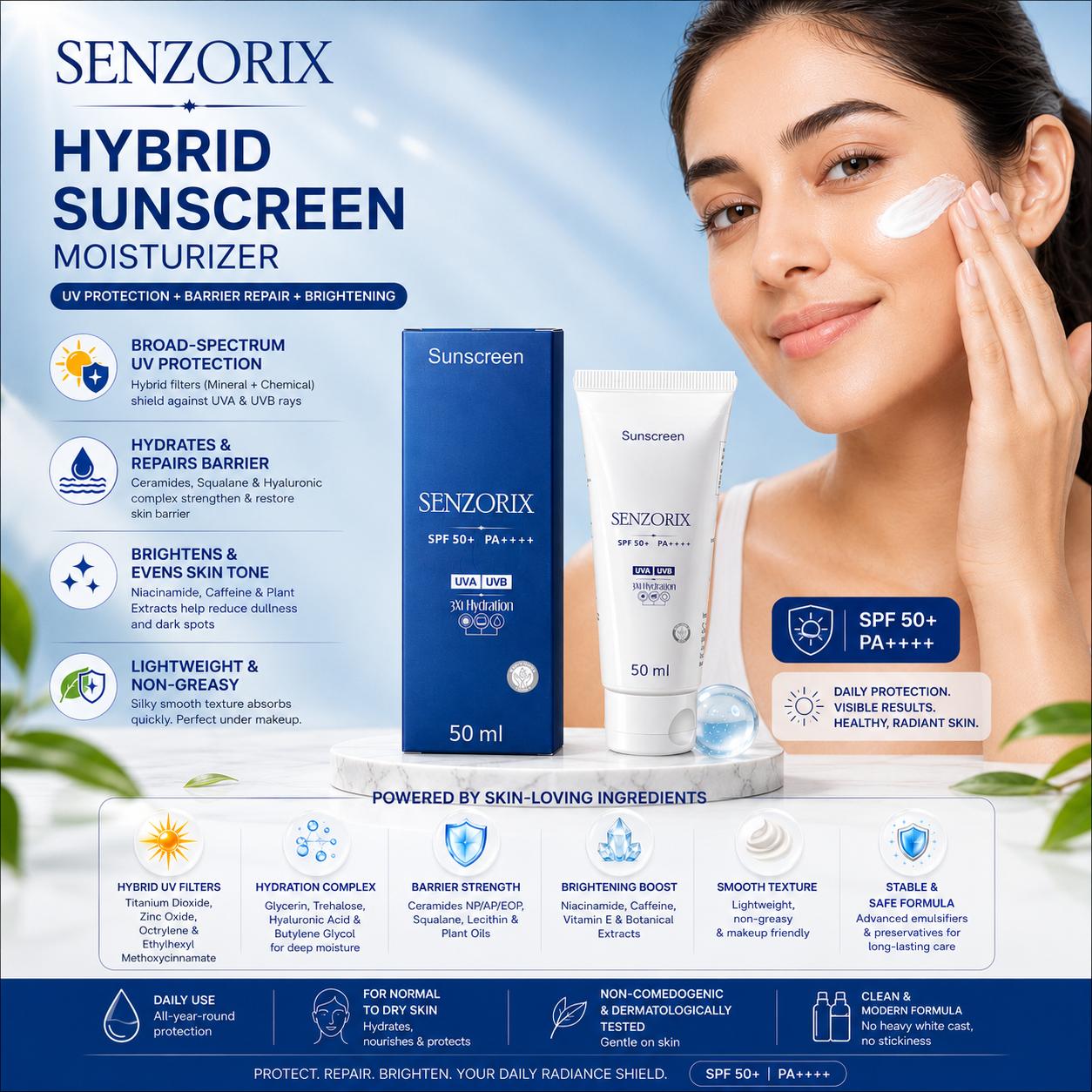 Senzorix Hybrid Sunscreen - SPF 50 PA++++ Moisturising Sunscreen SPF 50+ PA++++ with 11 Actives